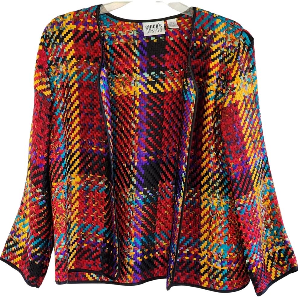 Vintage Chico's 80s Silk Jacket Artsy Multicolored Woven Basket Weave size 1(8)